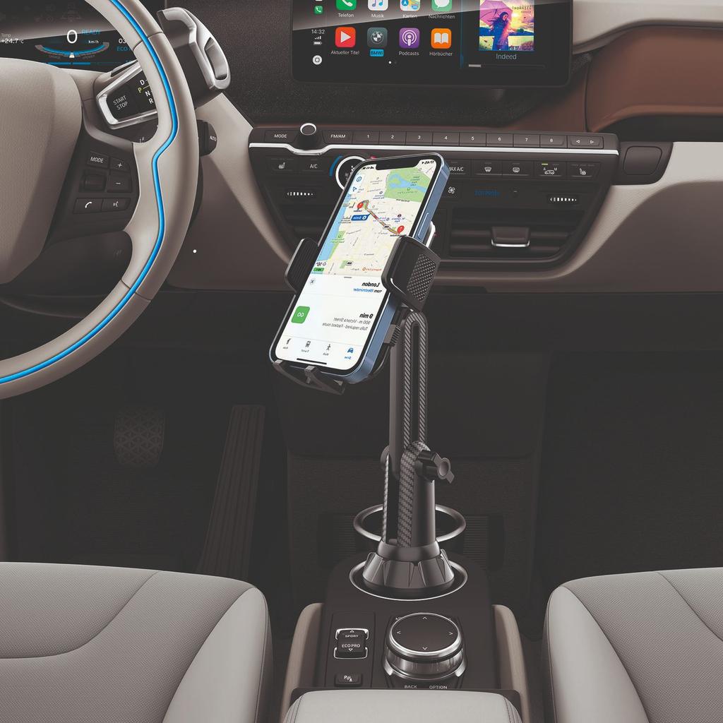 Auto-Wasserbecherhalter mit Handyhalterung, faltbar und rutschfest, mit Befestigungsmöglichkeit für Handy im Auto.