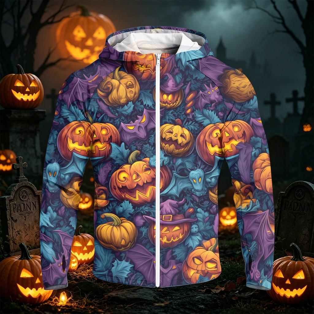 Men's Casual Raglan Sleeve Hooded Long Sleeve Sun Protection Jacket with Halloween Print Full Zip Front Lightweight