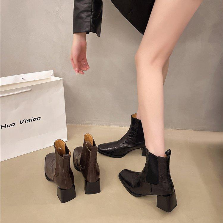 Women Boots Autumn Casual Leather Shoes Woman Fashion Square Toe Chunky Heel Shoes Slip-On Modern Boots Handmade Short Boots