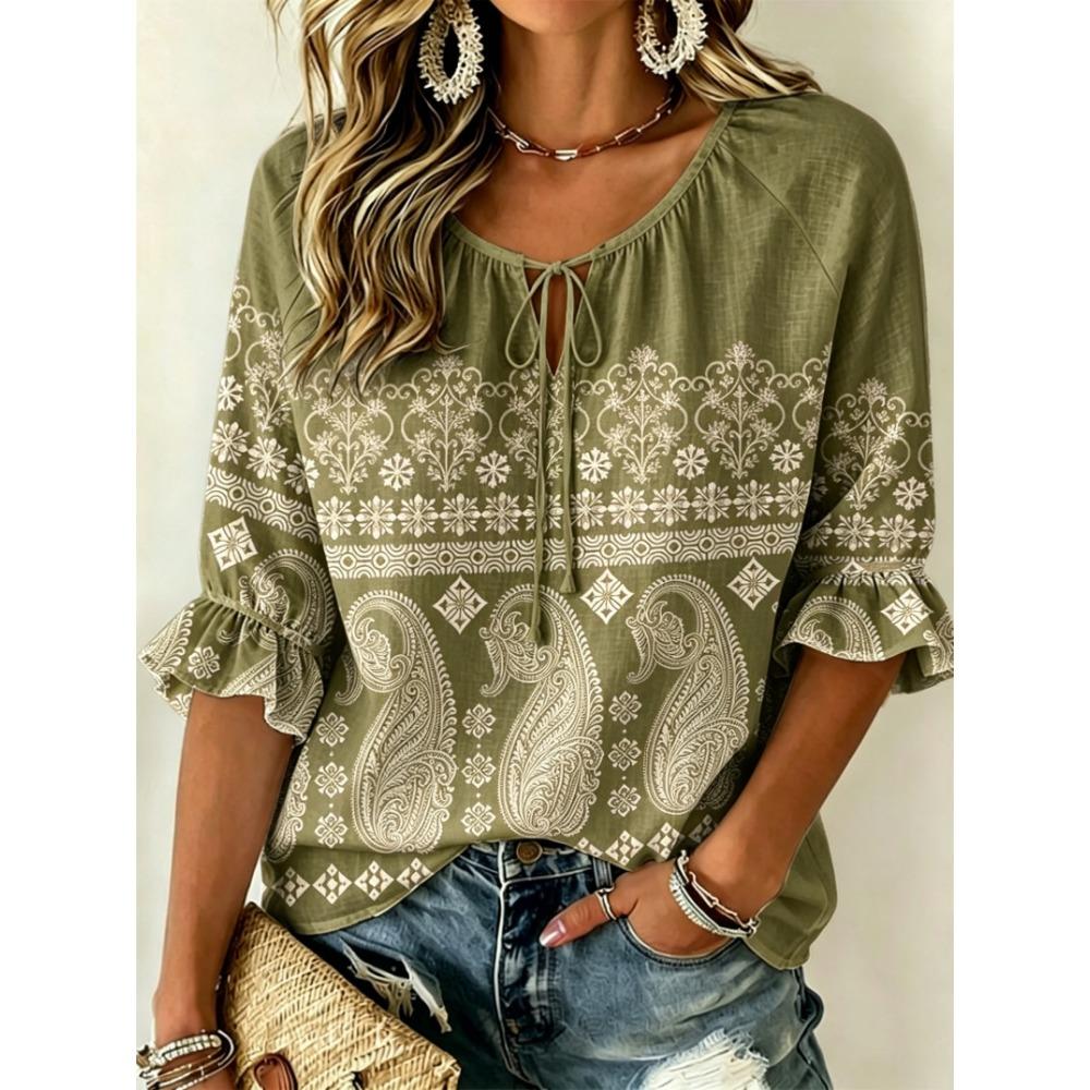 Women's Beige Paisley & Ethnic Print Tie Front Blouse, Casual Loose Top for Spring Summer Daily Wear