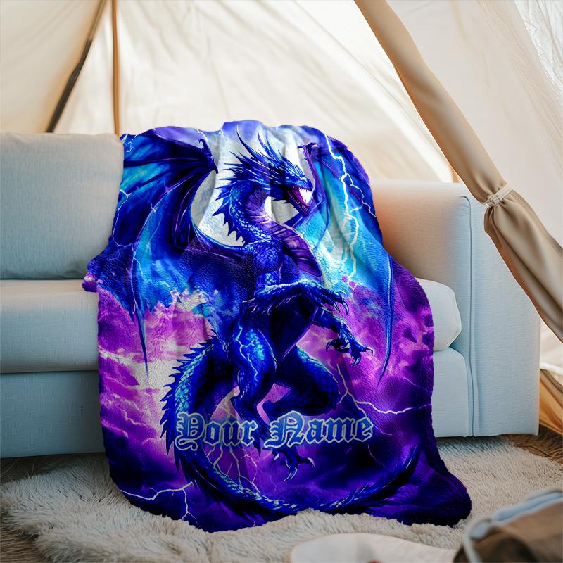 1PC Custom Name Blue Dragon Thunderstorm Outdooor Flannel Blankets Patterns Throw Blanket All-Season Soft Gift for Couch, Bed, Camping Gifts