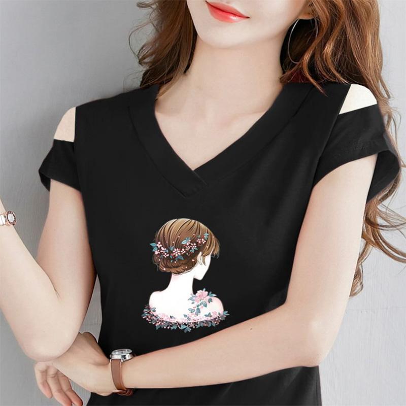 T-shirt Estiva Sottile Monospalla Nera a Maniche Corte da Donna con Spalle Scoperte Scollo a V a Riga Versione Coreana Maglia Base Modellante
