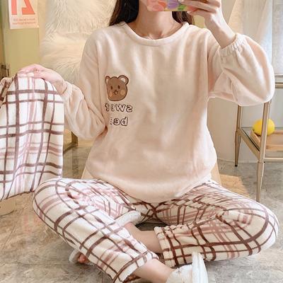 Cute Warm Teddy Bear Pattern Loungewear Pajamas Long Sleeve Pullover Tops Plaid Pants Women's Sleepwear & Loungewear
