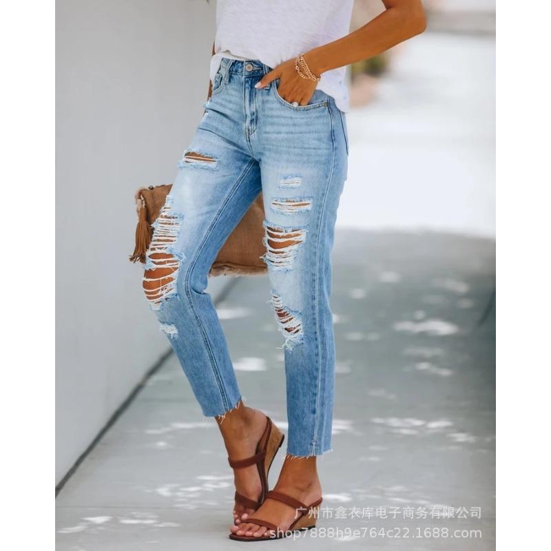 Jeans Summer Temperament Simple Holes Slim Slim Wash Denim Trousers Women