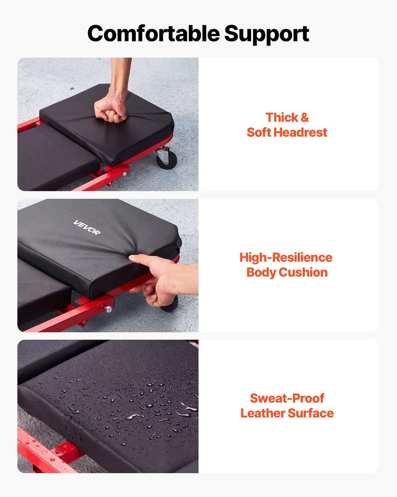 1010mm 2-in-1 Folding Mechanic Creeper, Z Creeper Seat & Under Car Garage Roller, 204 kg Rolling Creeper Stool with 6 Swivel Casters, Padded Headrest
