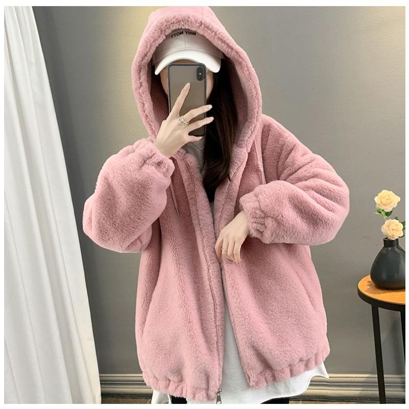 Cappotto spesso e caldo in lana di agnello di media lunghezza con cappuccio in finto stile pigro da donna