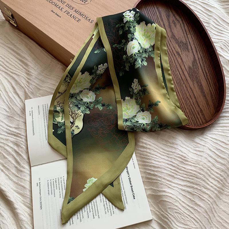 Silk scarf, long strip, high-end summer new neck protector, matching shirt, peony scarf, scarf, headscarf, headband, streamer.