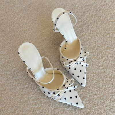 2026 Damen Polka Dot High Heels Sandalen Sommer Schleife Dekor Zehentriemen Slingback Party Schuhe Spitze Dünner Absatz Hausschuhe