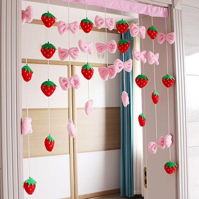 1 Conjunto Cortina de Porta Morango Kawaii, Franja com Bolas de Pelúcia para Natal Dia dos Namorados, Divisória de Quarto e Decoração de Janela Fofa