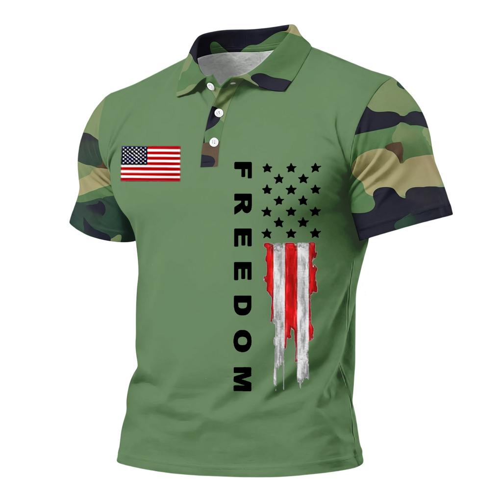 Men's Loose Fit Casual Short Sleeve Polo Shirt with Flag Print and FREEDOM Text Pattern Lightweight Breathable Summer Top