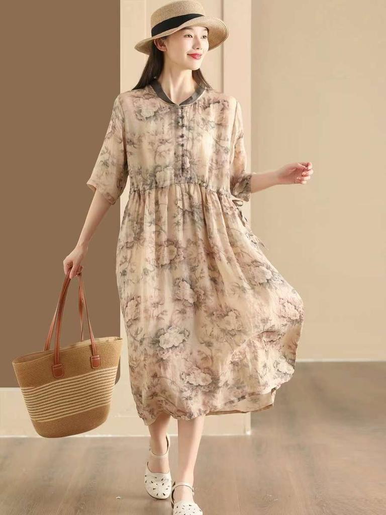 Johnature Women Vintage Dress Print Floral High Quality Stand Half Sleeve Chinese Style Cloths Summer Dress