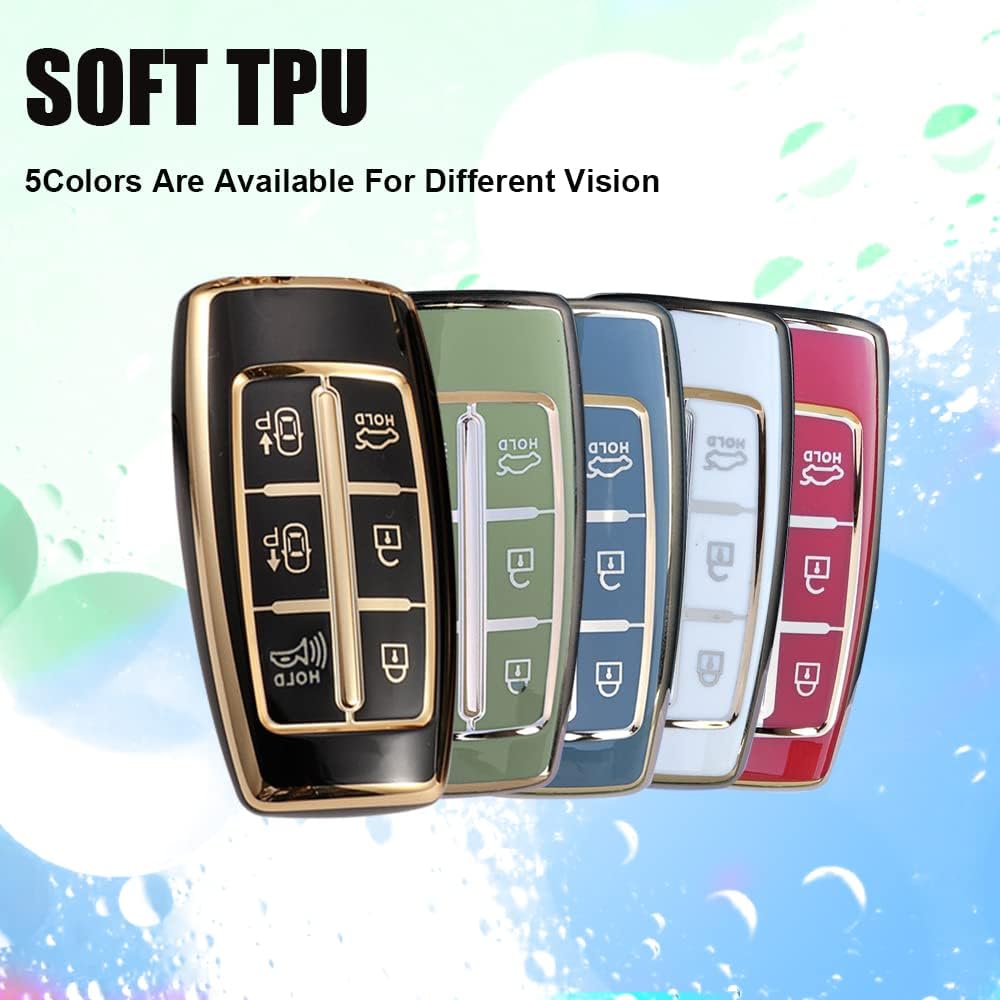 SANRILY Goldrand 6-Tasten Schlüsselanhänger Hülle für Genesis GV70 2021 2022 G90 G70 G80 GV80 Keyless Vollschutz Schlüsselanhänger Hülle mit Leder Schlüsselanhänger