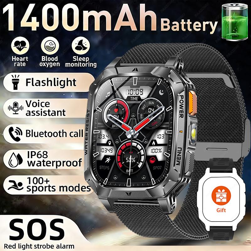New Rugged Military Smart Watch Men 1400 mAh battery 2.01inch Bluetooth Call Health monitoring device LED flashlight Smart watch