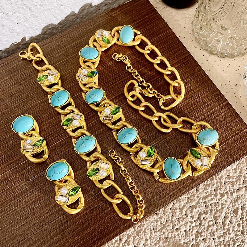Vintage Pearl Chain Jewelry Set Women - Rhinestone Embellished Necklace Earrings Bracelet Boho Chic Retro Accessory