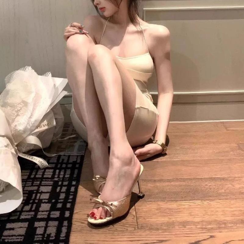2025 New Rhinestone One-word Sandals Women's Summer European and American Catwalk High Heels Thin Heel Round Head Bow Cool Slippers