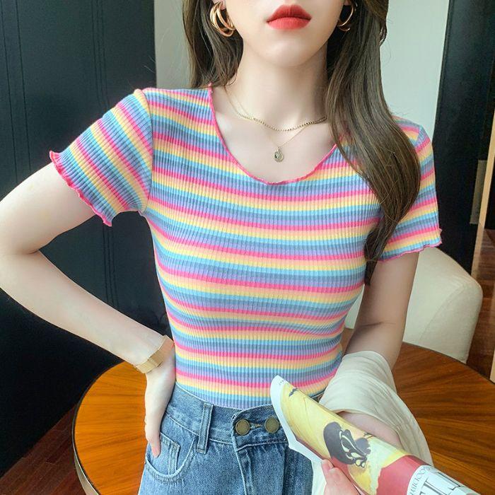 New Spice Girl Sexy Pure Desire Striped Short Sleeve T-Shirt Slim and Skinny High Waist Fungus Edge Top ins Women