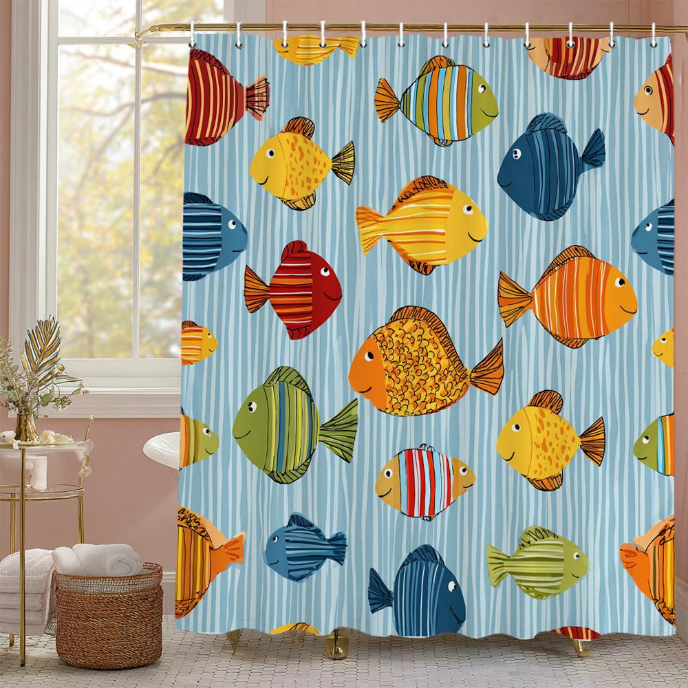 Cartoon cute fish children Shower Curtain, Bathroom Decorative Shower Curtain, Waterproof Shower Curtain with Hooks