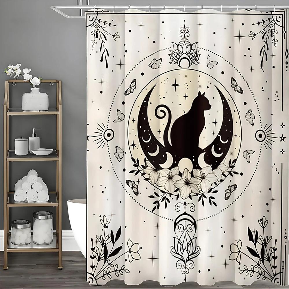 Black Cat Gothic Moon Phase Butterfly Witch Star Mystery Beige Shower Curtain, Bathroom Decorative Shower Curtain, Waterproof Sh