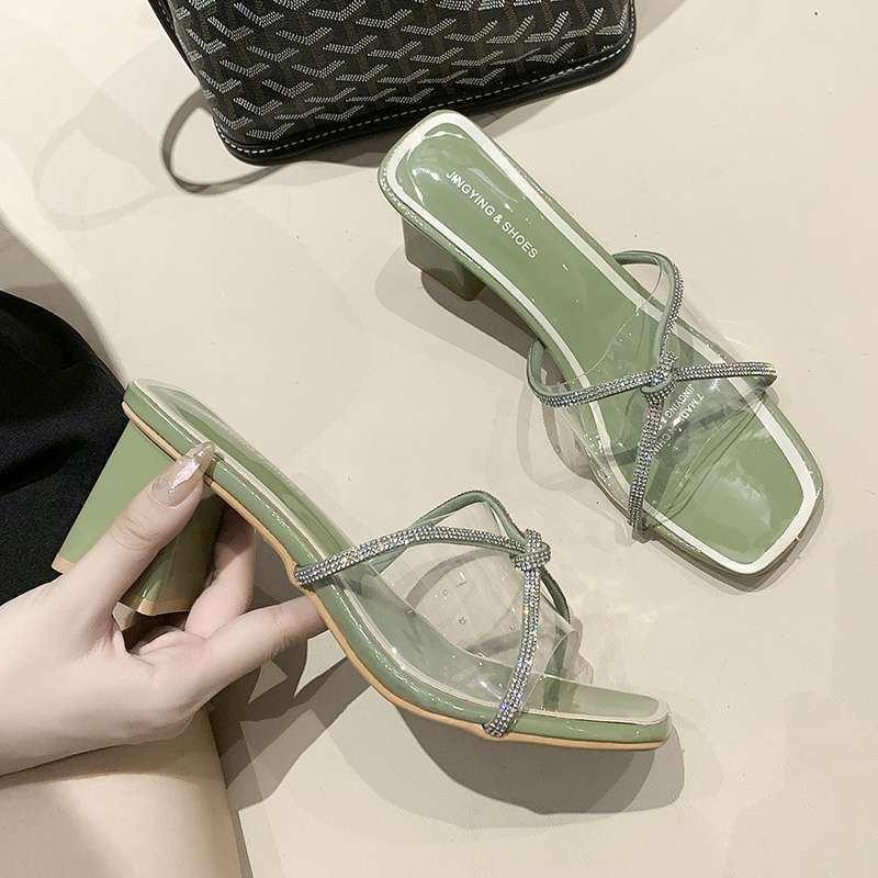 Coarse-heeled Sandals Women's 2025 New Summer High-heeled Cool Slippers Women's Outer Wear Square Head One-word Drag Korean Versio