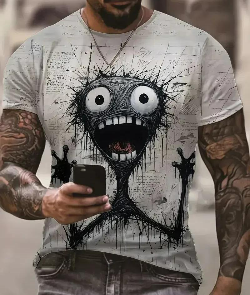 Pánský pulovr se vzorem Monster In Panic 3D s krátkým rukávem a kulatým výstřihem, nadměrné tričko, letní outdoorové streetwearové tričko