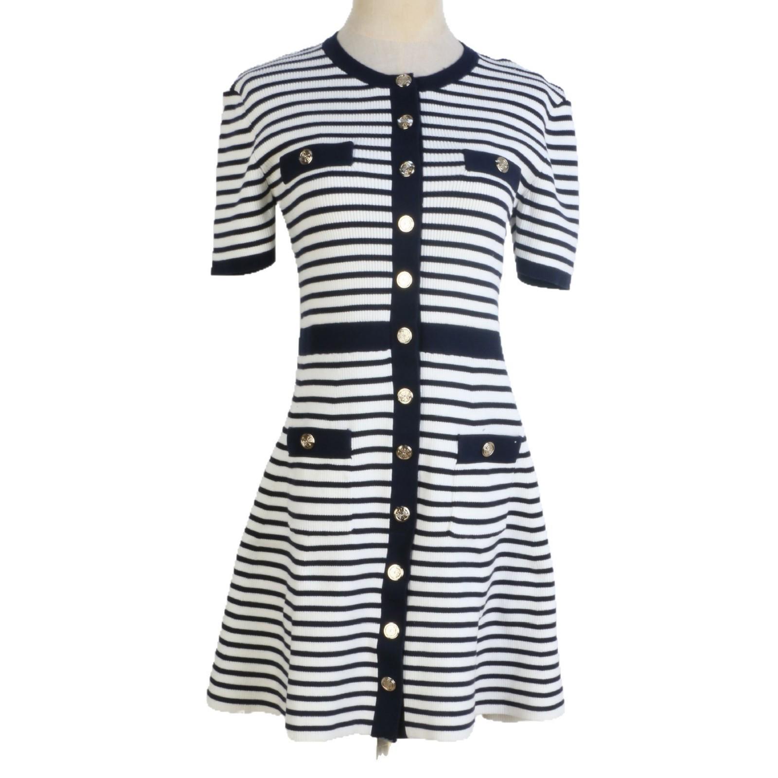 

2025M Spring/Summer Black & White Striped Knit Dress: Women s Slim-Fit French Short Sleeve S