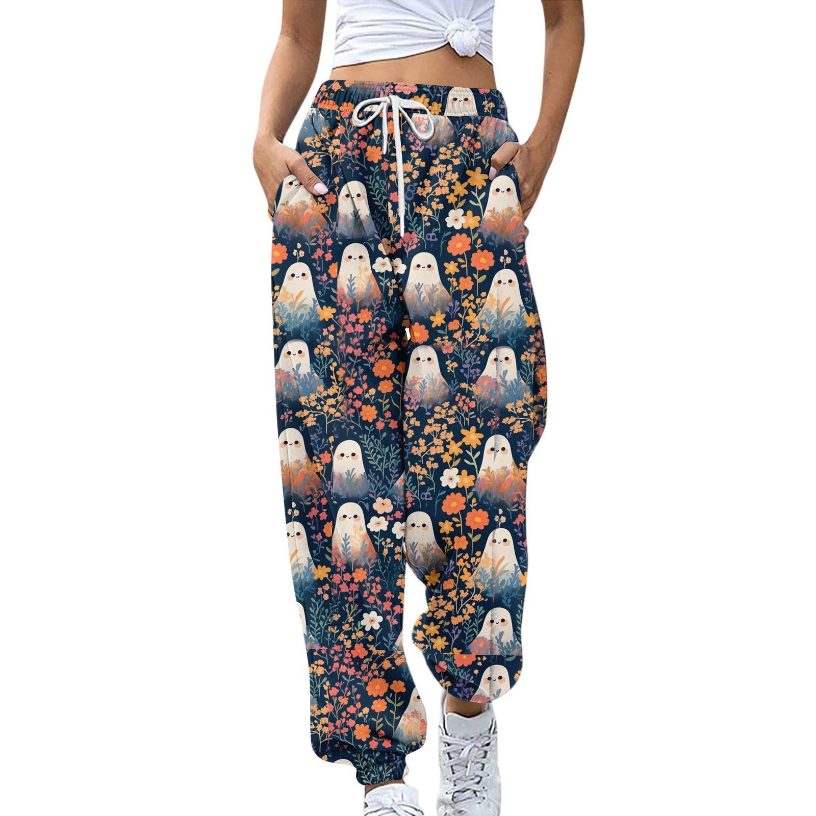 

Женские спортивные штаны Эластичный пояс Кулиска Повседневные брюки Принт на Хэллоуин Брюки с карманами S тёмно-синий