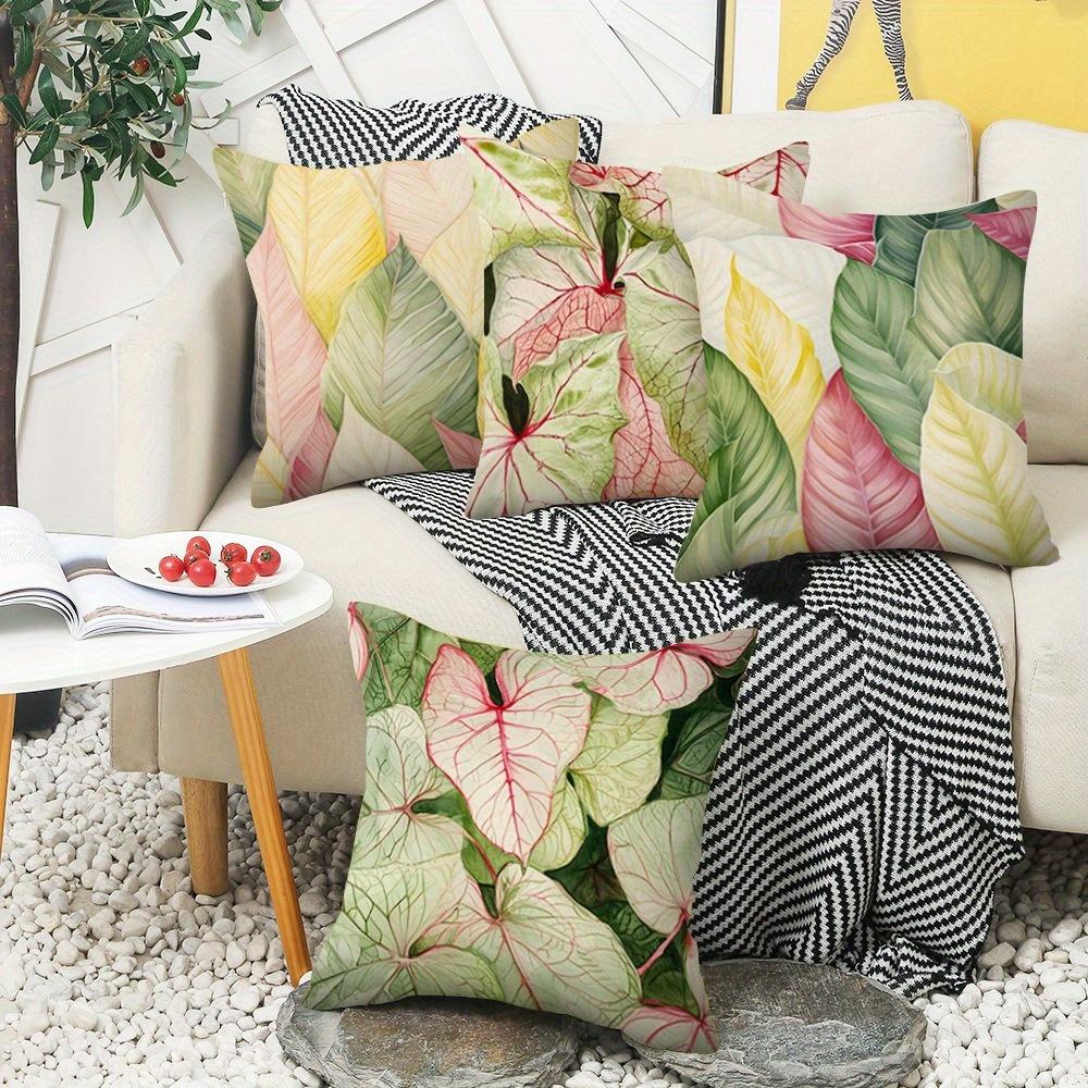 Watercolor Caladium Leaf Throw Pillow Covers, Tropical Pink Green Yellow Leaf Print Cushion Cases, Botanical Modern Home Decor