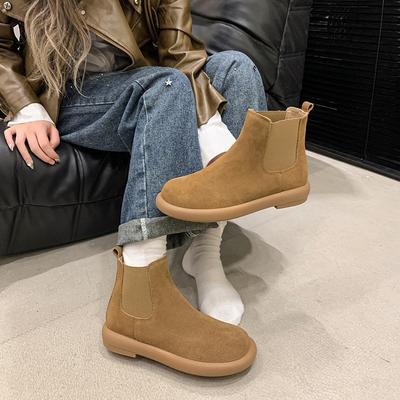Imported Sleeve New Autumn and Winter Frosted Big Yellow Boots Retro Martin Boots Women's Flat Heel Big Round Head Chelsea Boots