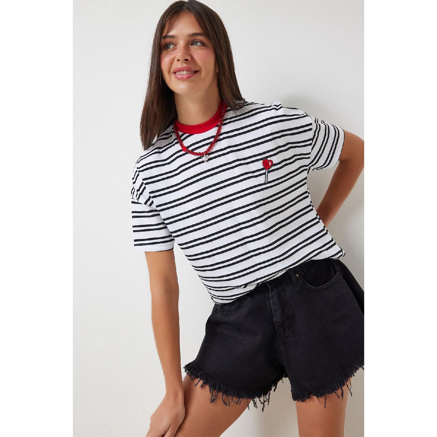 

Трикотажная футболка с круглым вырезом и короткими рукавами в полоску, белая 36 белый