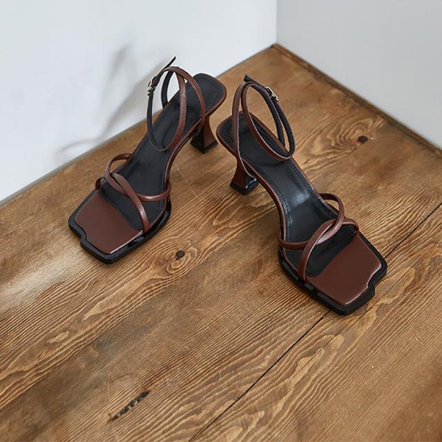 Summer Narrow Band Heel Sandals Women Thick Heel Ankle Strap Fashion Square Toe Ladies Dress Sandalias Women 'S Shoes