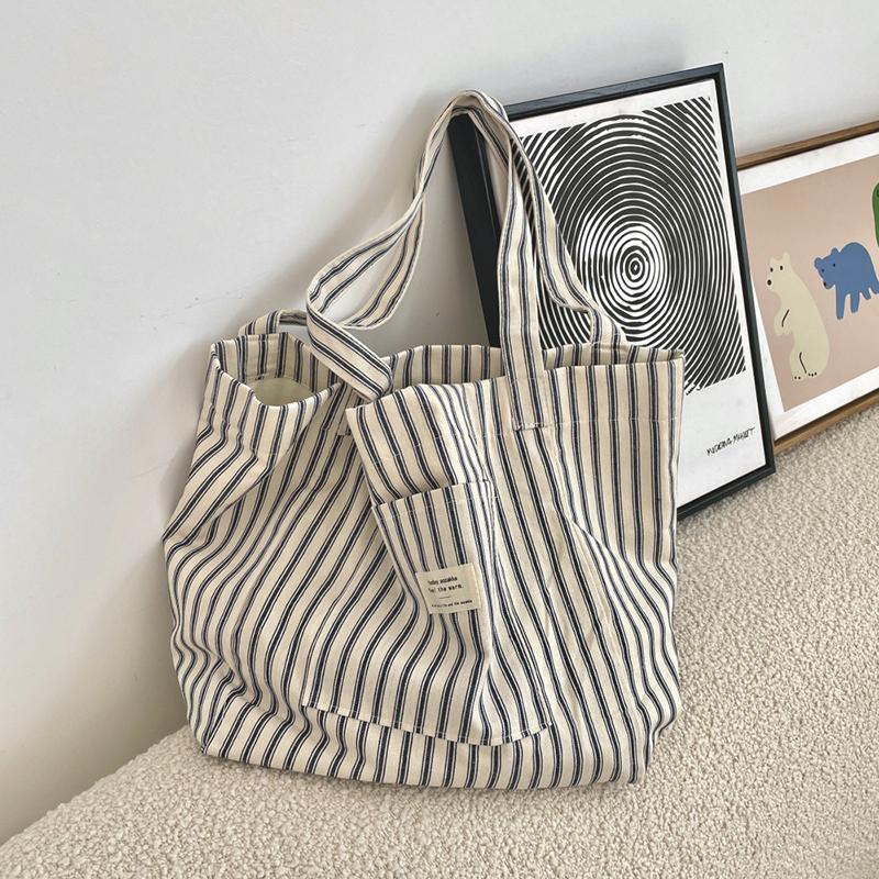 Women's Tote Bag Striped Canvas Casual Handbags For Women Simple Shopping Large Capacity Woman Shopper School Shoulder Bag AVE