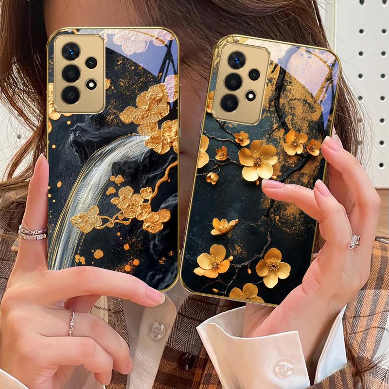 Goldener Zweig For Samsung A 01 52S A04 A05S A10 A12 13 22 23 24 36 42 M02 Note 10 20Ultra 8 9 Goldene Glas-Handyhülle