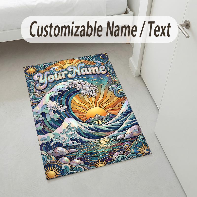 Ocean Waves Theme Soft Crystal Velvet Rug Custom Name & Text Print Non Slip Floor Rug for Bedroom Living Room