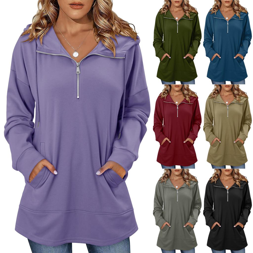 Women's Fashionable Solid Color Hooded Long Sleeved Pocket Pullover Sweatshirt Top