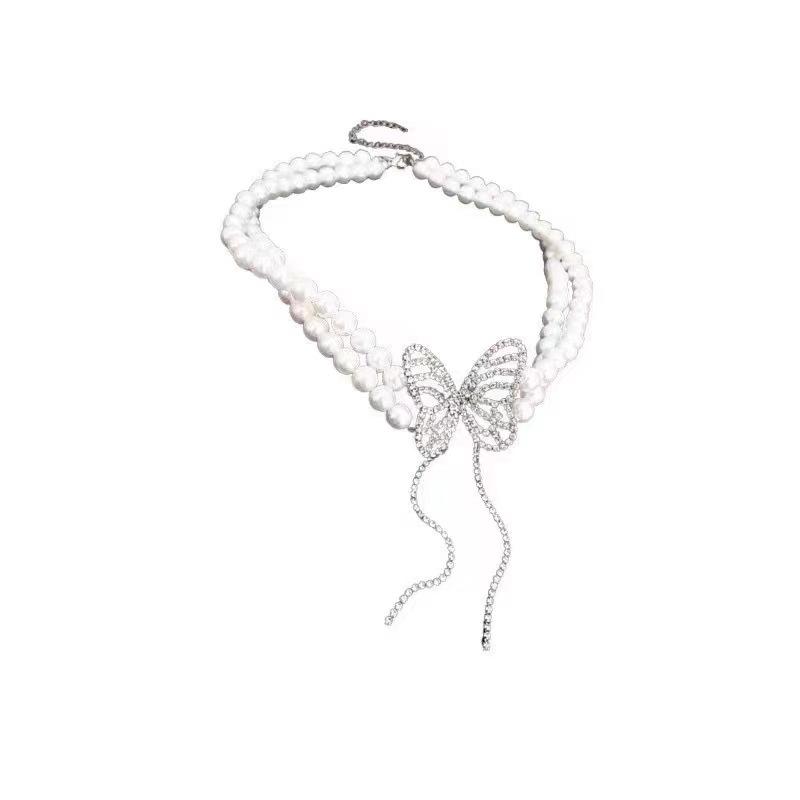 

On the Run Princess Butterfly Double Pearl Necklace Choker Autumn and Winter Accessories Women s Collarbone Chain Neck Chain Tassel