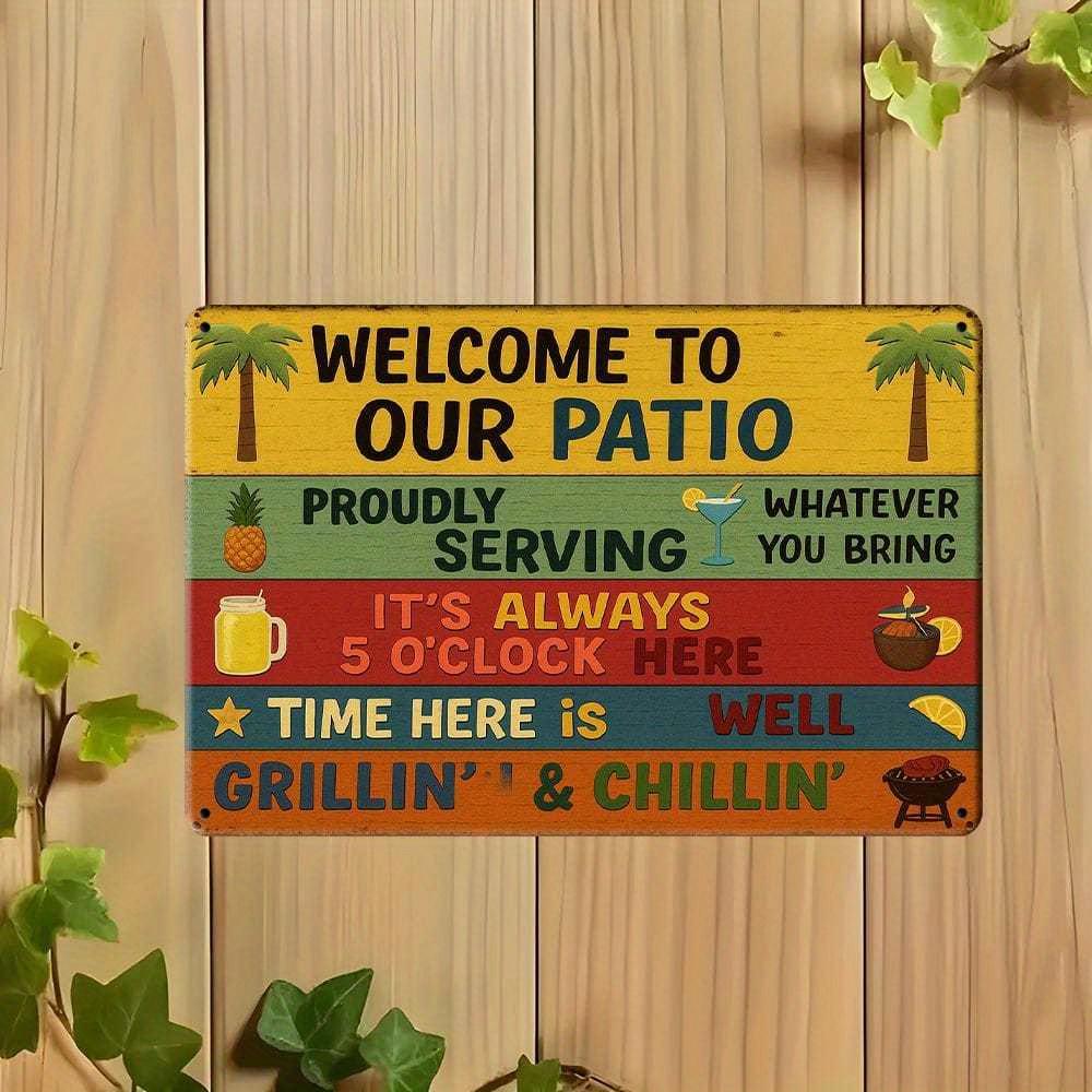 "Welcome To Our Patio" Rustic Metal Sign, Vintage-style Decor.