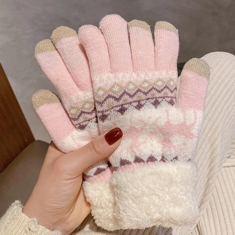 Handschuhe Winter Damen Niedlich Plus Samt Touchscreen Punkte Um Warm Zu Halten Winter Studenten Kältebeständige Reiten Plüsch Handschuhe