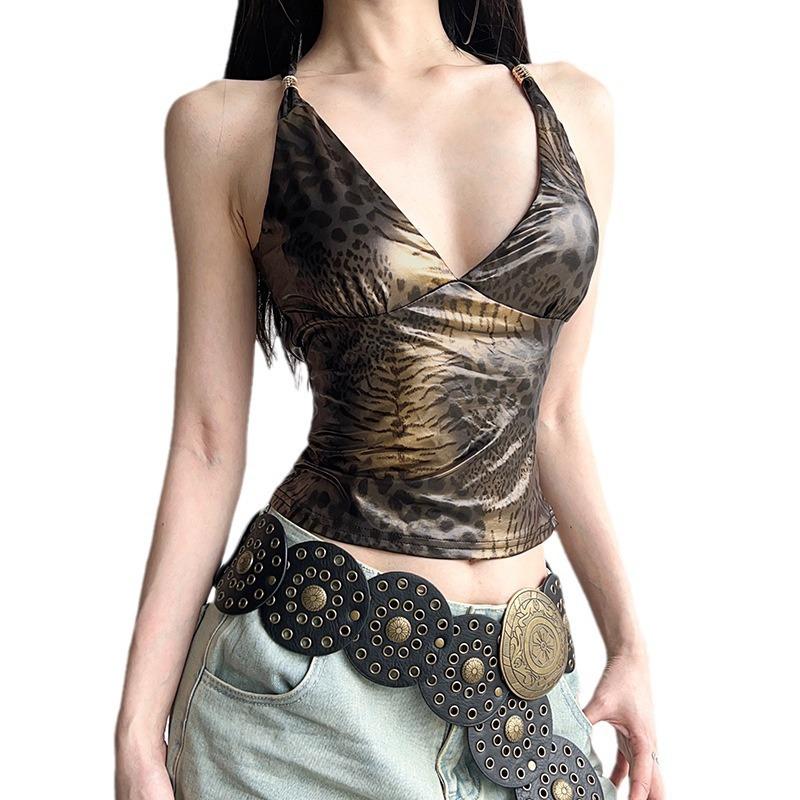Spice Girl Style Retro Leopard Print Chest Cross Beautiful Back Hollow and Thin Suspenders European and American Fashion Versatile Slim Small Vest
