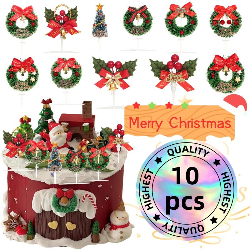 10pcs Christmas Cake Picks Cake Toppers with Bow Holiday Cupcake Toppers Wreath for Holiday Christmas Cake Ornaments Decorations