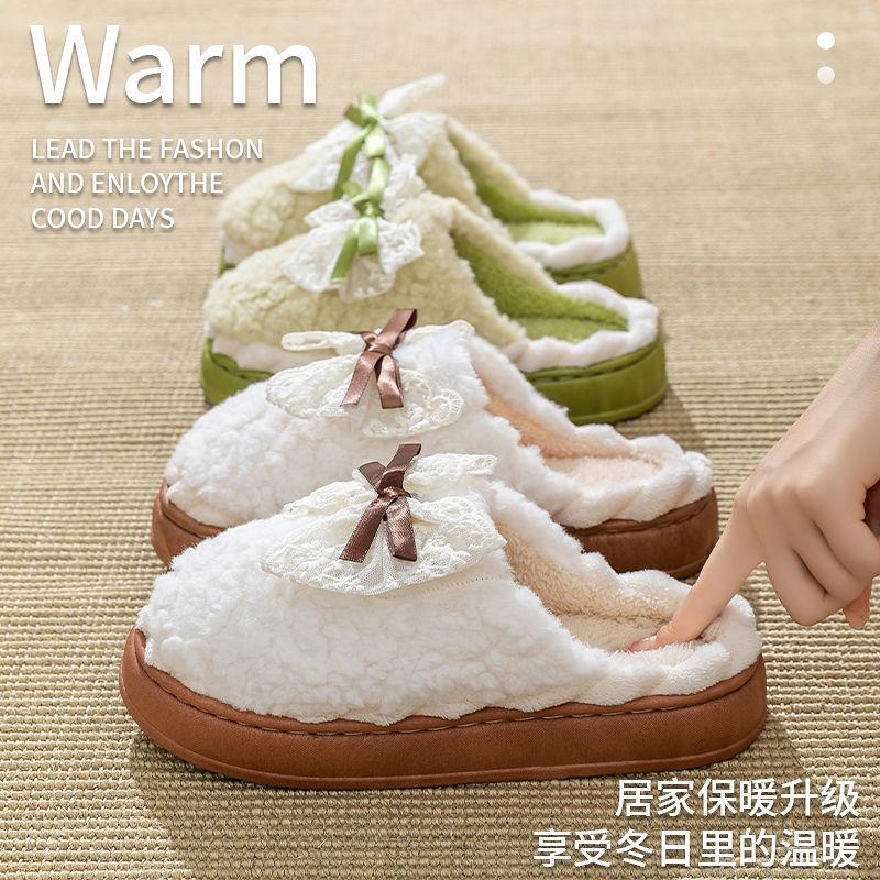Sheep bow cotton slippers indoor home soft sole warm plush thick sole confinement shoes ins
