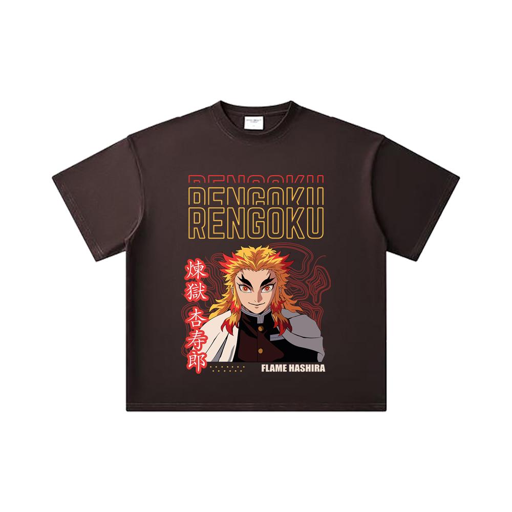 260 GSM Double Yarn 32 Count 100% Cotton Demon Slayer V117 Rengoku Print Unisex Heavy Cotton T Shirt