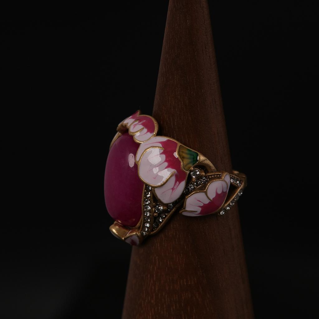Medieval Vintage High-Grade Copper Gold-Plated Pink Natural Stone Powder Enamel Lotus Ring Earrings Set