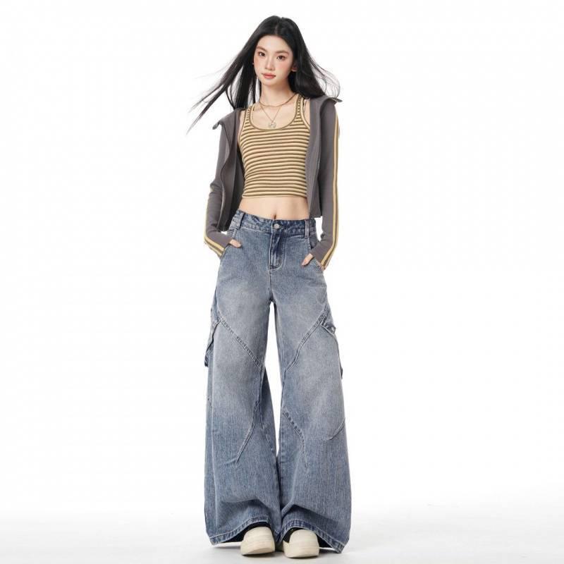 American Retro Deconstructed Wide-Leg Multi-Pocket Women s Jeans Medium