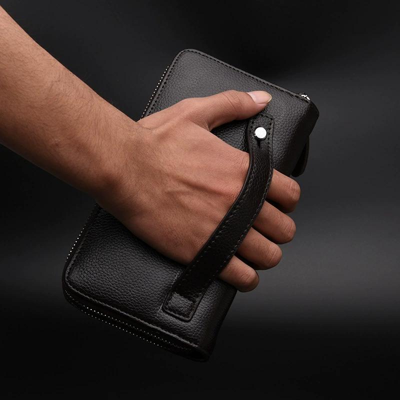 Double Zipper Men's Wallet Long Money Clip Leather Handbag Large Capacity Business Mobile Phone Card Holder Men's Gift Father Son Husband