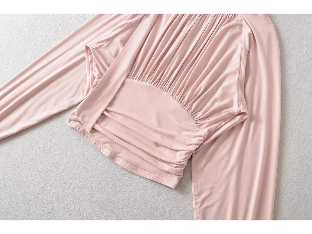 Women's French Retro Tie-Up Slim Fit Cropped Shirt - Stand Collar, Long Sleeve, High Waist (Spring/Autumn)