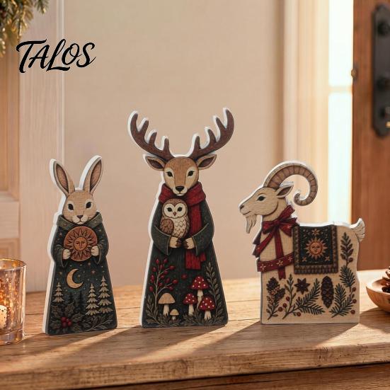 Winter Wonderland Party Decorations Wooden Christmas Tabletop Decor, Rustic Reindeer Animal Figurines, Farmhouse Style Plaid Fabric Bow Holiday
