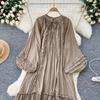 Lanterna Vintage Allacciatura Ruffle Vestito Maniche Lunghe Elegante Ampio Scollo O Moda Coreana High Street Abbigliamento Donna
