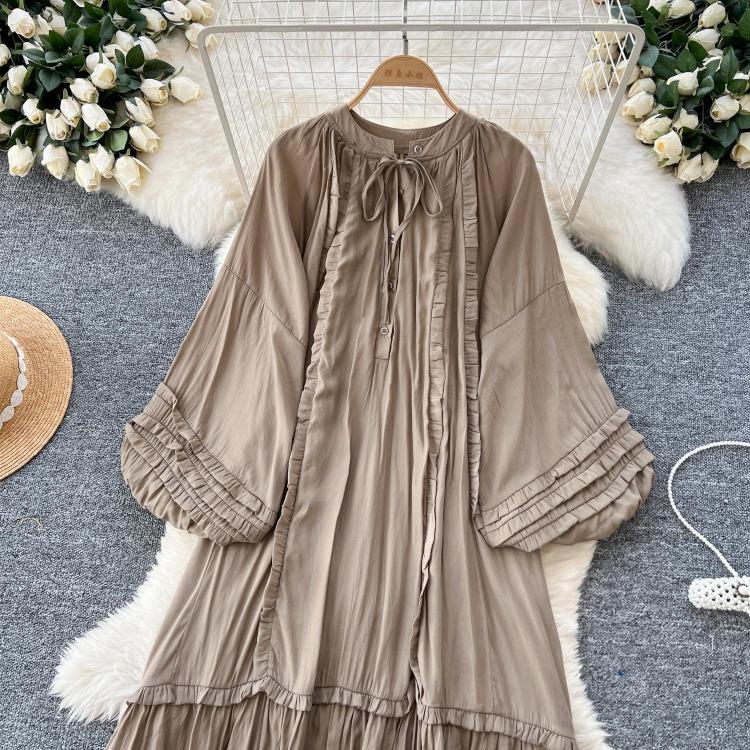 Lanterna Vintage Allacciatura Ruffle Vestito Maniche Lunghe Elegante Ampio Scollo O Moda Coreana High Street Abbigliamento Donna