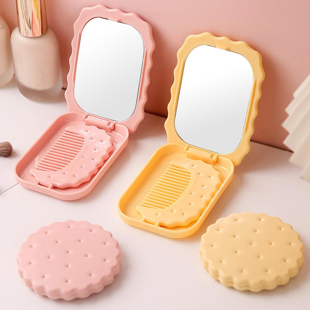 Adorable Cookie Folding Mirror Mini Portable Pink/Yellow Makeup Mirror with Comb Cute Travel Pocker Mirror for Girls