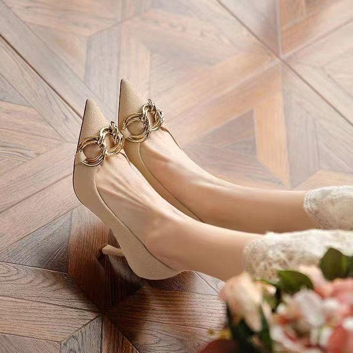 Chain Pointed French with Skirt Royal Sister Light and Mature Style with Single Shoes Nude High Heels Women's Thin Heels 2025 New Models